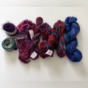 Hand-dyed Yarn Bundle in Blue, Purple, Teal & Red Tones Mohair Wool Cotton 15 oz